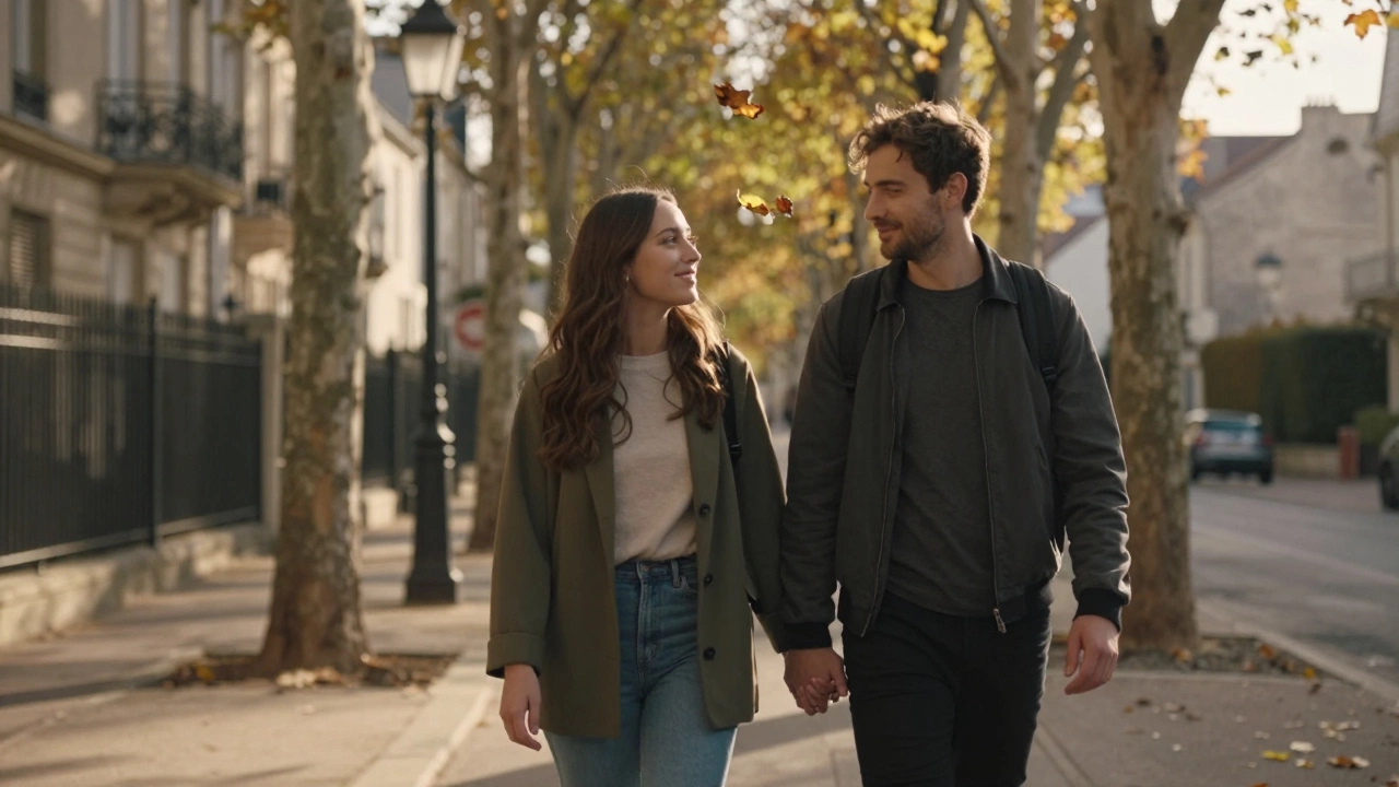 A couple walking hand-in-hand down a tree-lined street at golden hour, symbolizing small daily novelty.