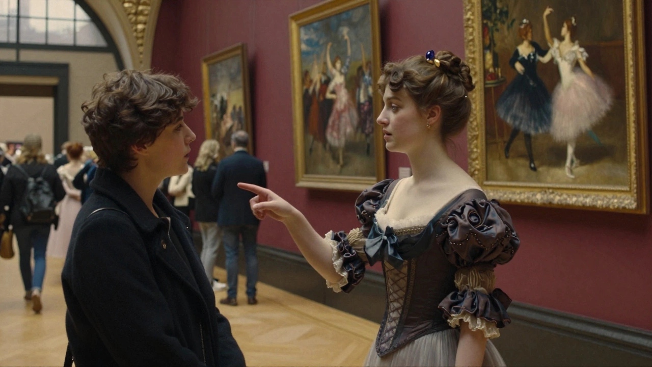 A knowledgeable woman guides a visitor through the Musée d’Orsay, pointing to a Degas painting as they share a quiet moment of art and reflection.