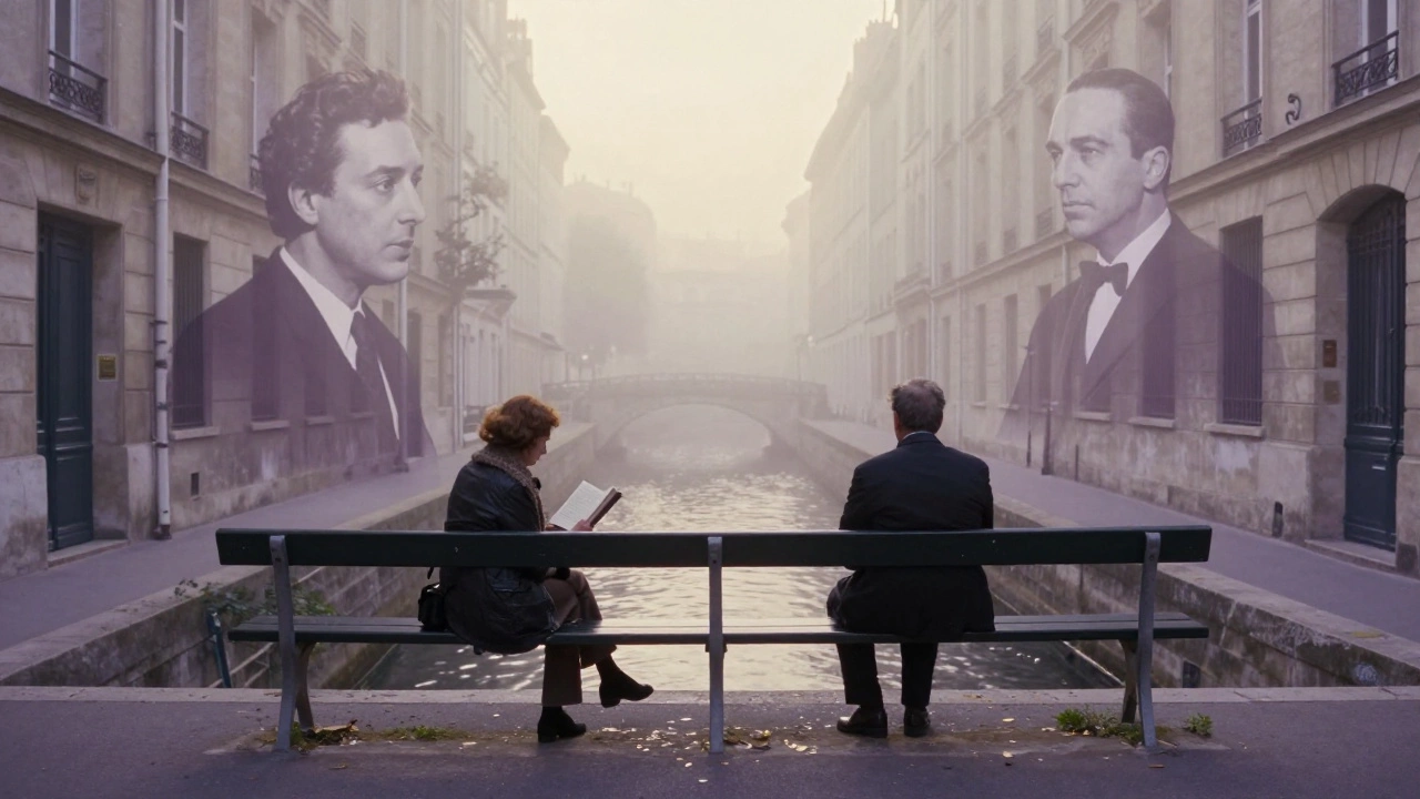 Two figures sit in silent companionship at sunrise by the Canal Saint-Martin, surrounded by faint, fading echoes of Parisian literary legends.